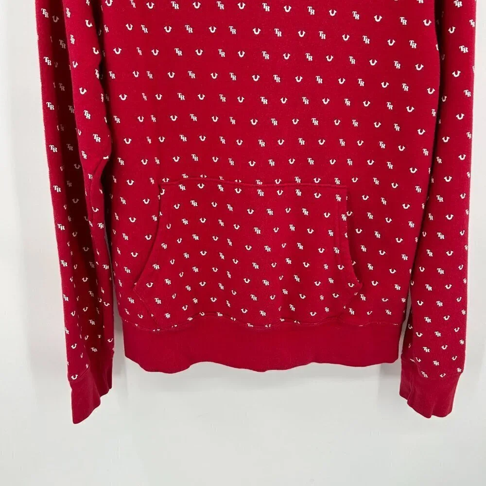 TRUE RELIGION Men's Red White Monogram TR Pullover Hoodie Sweater Size Large
